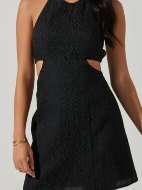 Club Monaco Black Textured Halter Mini Dress with Side Cutouts